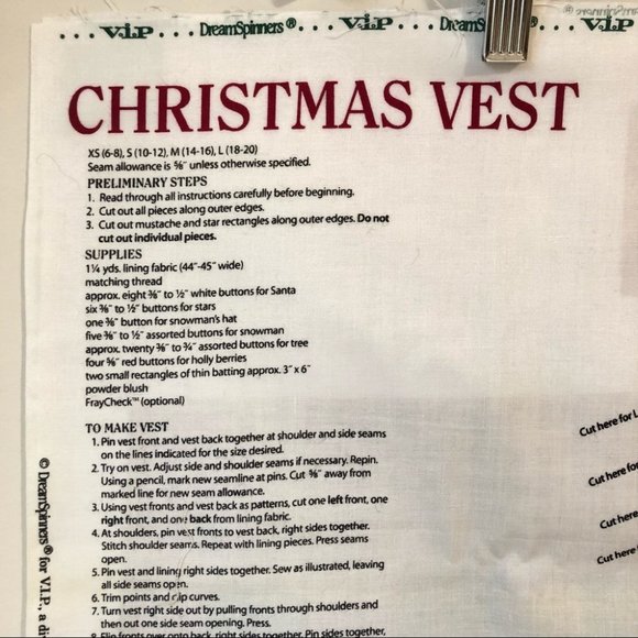 Christmas Vest Uncut Sewing Fabric Panel Printed Pattern Dreamspinners VIP XS-L - Picture 4 of 6